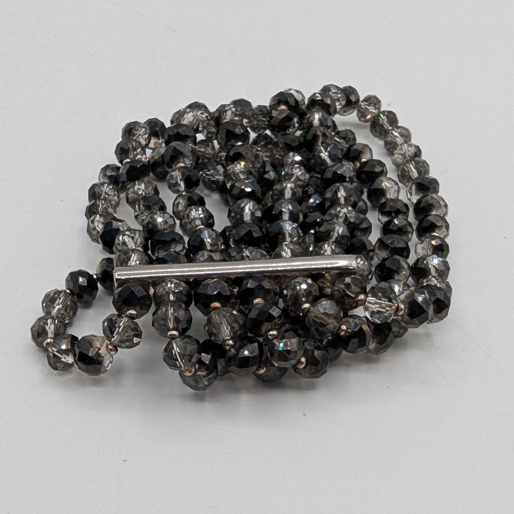 Multi Strand Faceted Bead Bracelet Smoke Gray Black Silver Tone Slide Clasp